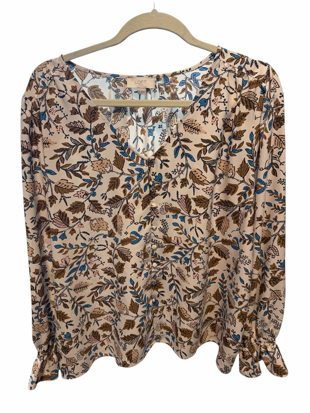 LOFT Floral V-Neck Button-Front Blouse Long Sleeve Cream Earthy Boho Size XL